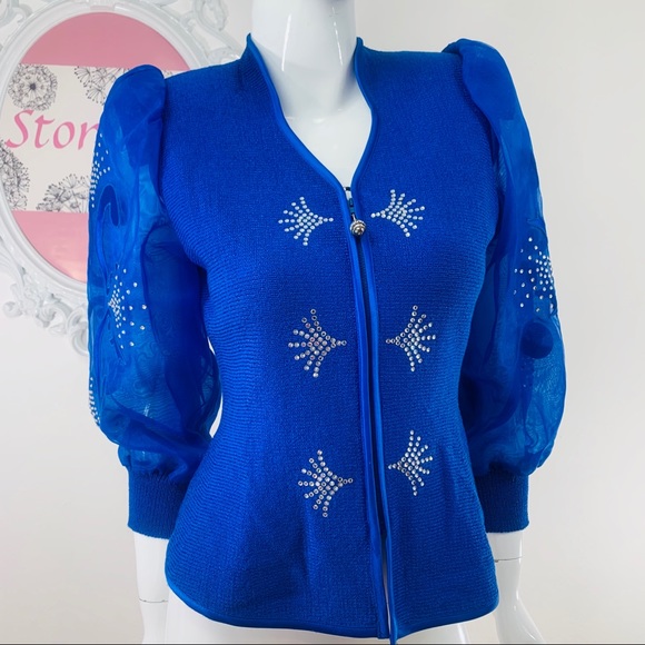 Vintage Toula / Rhinestone Blue Purple Zip Front - Picture 1 of 8